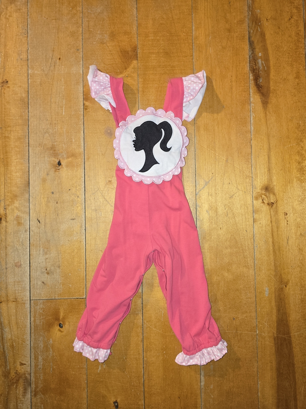 Girls Barbie Pink One-Piece Romper with Silhouette Patch. Boutique Custom